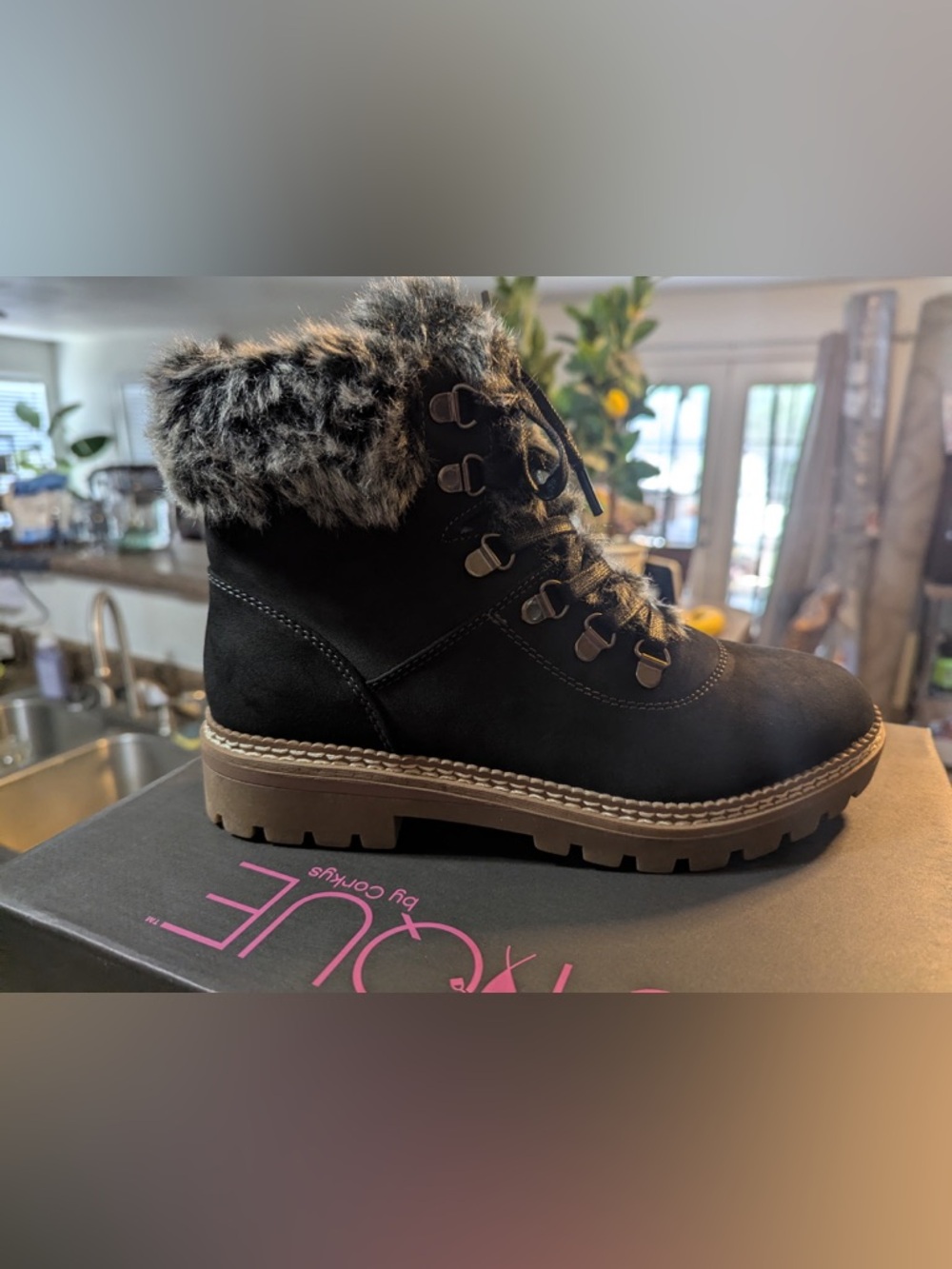 Corkys Black Faux-Fur Trim Winter Hiker Boot with Tan Sole